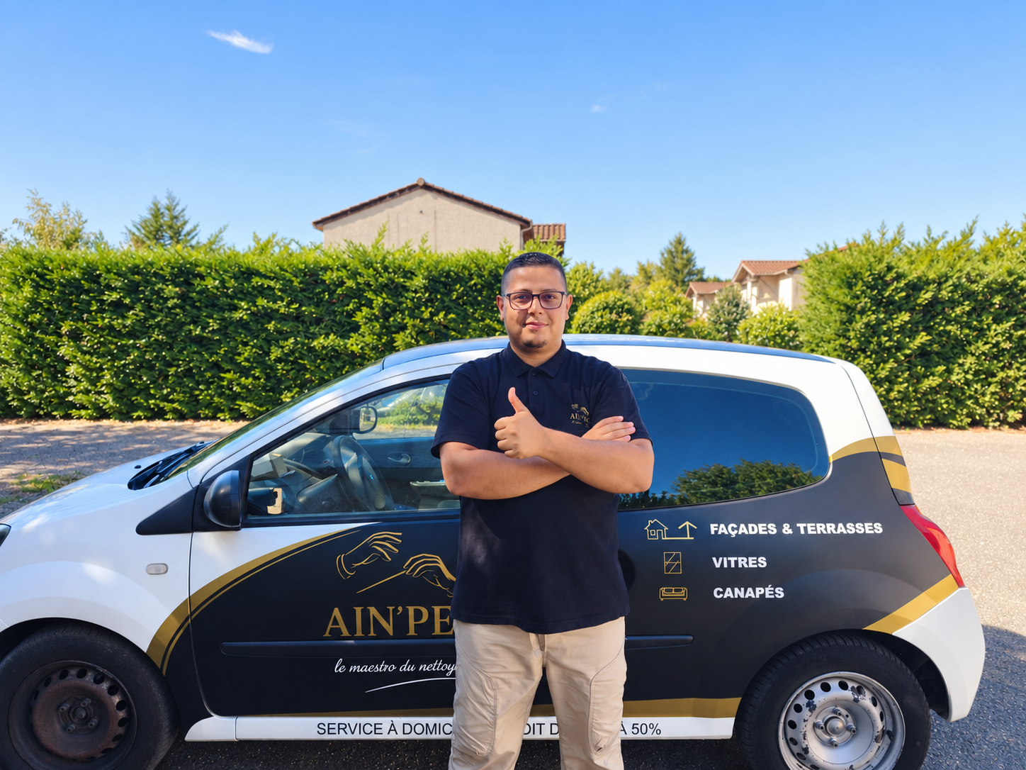 Adam Miftal, fondateur d'AIN'PEC, devant son véhicule professionnel